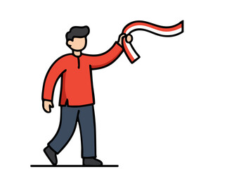 A man holds a red and white striped ribbon, celebrating Independence Day. Simple, cheerful illustration with a blue background. Perfect for festive marketing.