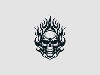 Obraz premium A fiery black and white skull with flames for hair and glowing eyes on a clean white background for halloween