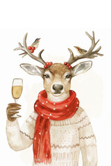 Watercolor reindeer with birds on antlers holding champagne. Christmas celebration concept.