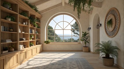 Serene Minimalist Room with Circular Window and Sunlight