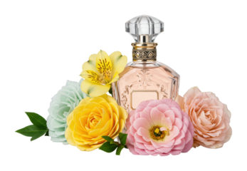Elegant perfume bottle with colorful flowers and green leaves. Cut out PNG