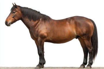 Naklejka premium Collection of brown horses standing gracefully in a natural setting showcasing their muscular build and shiny coats during daylight