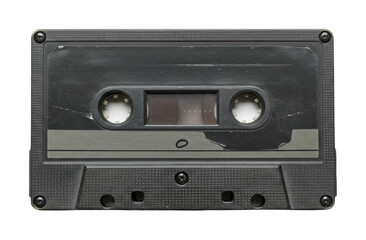 Fototapeta premium Vintage black audio cassette tape with clear center window reflecting retro music era. Cut out PNG