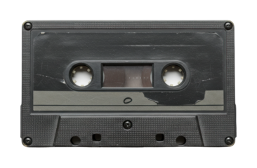 Vintage black audio cassette tape with clear center window reflecting retro music era. Cut out PNG