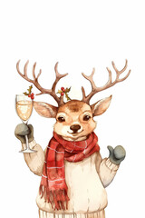Watercolor reindeer in red scarf holding champagne glass. Christmas celebration concept.