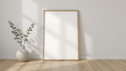 Elegant minimalist mockup with blank poster frame and eucalyptus in a bright, modern interior setting.