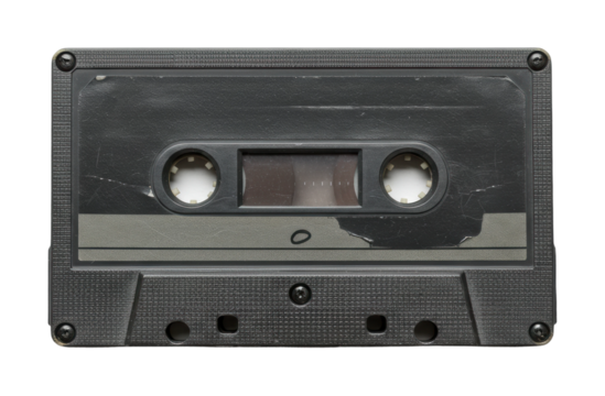 Vintage black audio cassette tape with clear center window reflecting retro music era. Cut out PNG