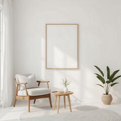 Serene minimalist living space with natural light, armchair, and blank frame for mockups