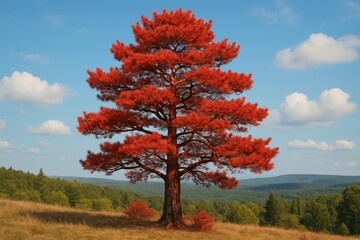 Fototapeta premium Vibrant red tree in landscape