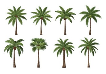 Flat illustration of a collection of eight diverse palm trees, showcasing different shapes and sizes, isolated on a white background