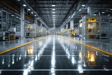 Precision robotics assemble solar panels in bright modern photovoltaic production facility