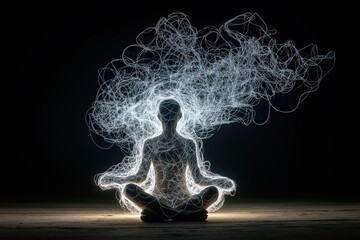 Luminous thought threads emerge from silhouette entwined with symbols and memories