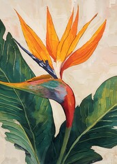 Oil painting wall art, showing a vibrant bird of paradise flower with green leaves.