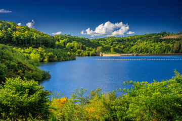 Fototapeta premium Lake Cammazes in Occitania. Photo of a lake surrounded by forests in the early morning in the Montagne Noire in South of France