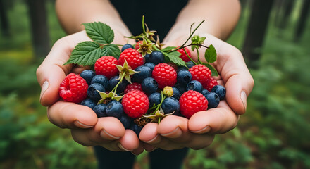 Harvest Bounty: Close-up shot of hands cradling a vibrant array of fresh berries, embodying natural abundance and wholesome goodness.