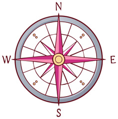 Pink Compass Rose Cartoon Graphic: Navigation Symbol with Rose Pointing North East South West