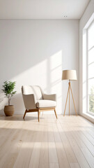 Einzelner Sessel und Zimmerpflanze im ansonsten leerer Raum 