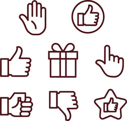 Collection of Line Art Icons Featuring Hands, Thumbs, and a Gift Box, Depicting Gestures, Appreciation, and Celebration, Simple and Clean
