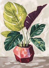 Oil painting wall art, showing a houseplant with large leaves in a geometric pot.