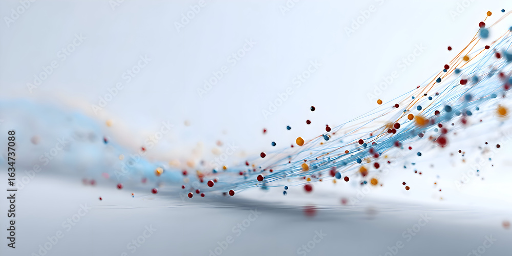 Poster a dynamic wave of colorful data nodes and connections flowing across a bright minimalist surface.