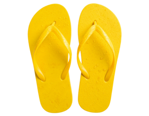  “yellow Rubber Flip Flops with Water Droplets, Top View, Transparent Background”.