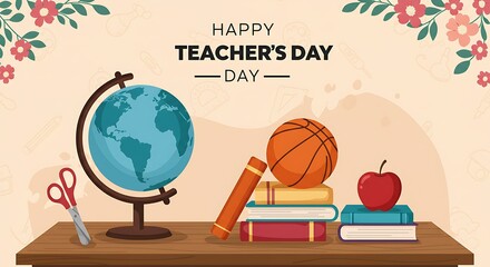 Happy teachers day with school supplies and floral border