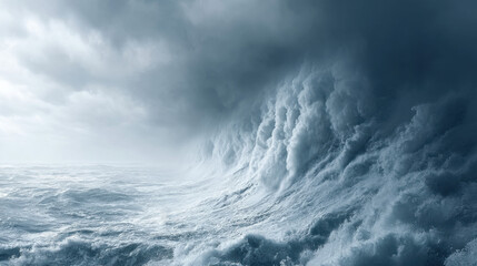 Obraz premium Tiny Surfer Facing a Colossal Wave Under a Dramatic Sky