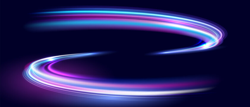 Modern high speed movement, technology concept. Fast moving light streams. Abstract neon light trails, Dynamic swirling light effects, Glowing light arcs. Creative design element. Vector EPS10.