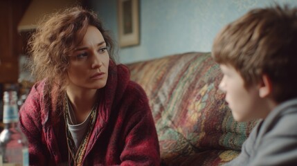 Concerned woman talking seriously with a young boy in a dimly lit living room, creating an intense and emotional atmosphere.