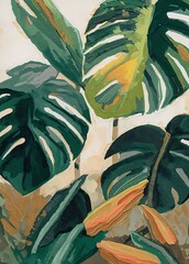 Oil painting wall art, showing large monstera leaves with a subtle background.