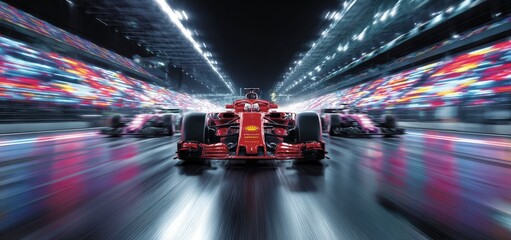 A red Formula 1 race car leads a pack under bright track lights at night, motion blur showcasing intense speed