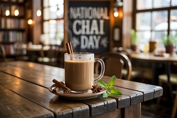 Warm aromatic chai latte steams invitingly on a rustic cafe table, perfect for a cozy autumn day or celebrating National Chai Day.