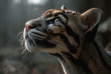 Naklejka premium Clouded leopard gazes intently in a misty forest, showcasing its distinctive markings and expressive eyes during early morning light