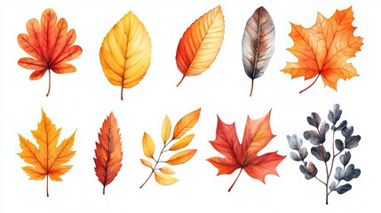 Set of Watercolor Autumn Leaves for Design and Decoration 