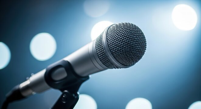A microphone on a stand is illuminated against a backdrop of glowing bokeh circles - Powered by Adobe