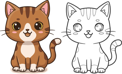 Obraz premium Cartoon cat coloring page, cute feline character, outline and colored version, kids activity, pet illustration, vector drawing, printable art