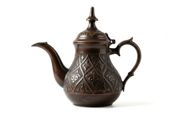 A traditional brown ceramic teapot and cup for a hot beverage, isolated on a white background