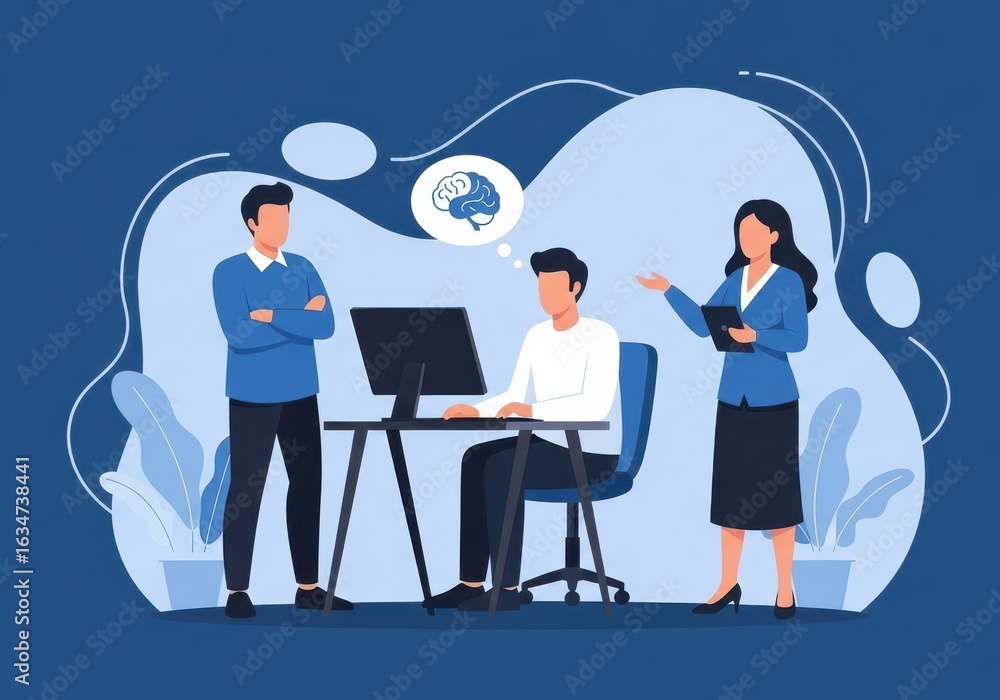 Poster flat illustration of a team collaborating in an office setting, discussing ideas and using a compute