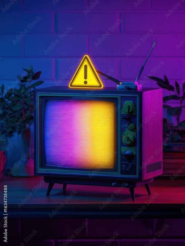 Poster retro television with warning sign illuminating a colorful background in a modern setting