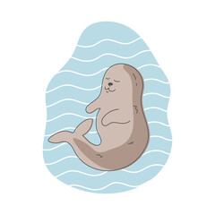Hand drawn doodle seal animal sleeping in water. Cartoon sleepy seal character. Vector illustration