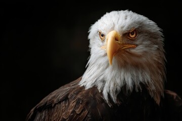 Fototapeta premium Intense gaze of an isolated eagle staring intently against a dark background highlighting its majesty and fierce expression