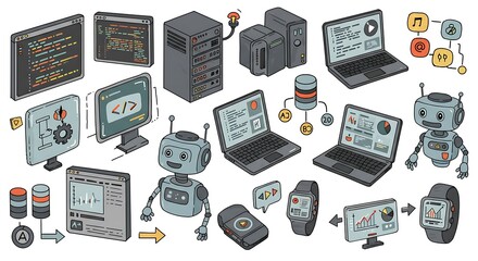 Cartoon-style doodle set of coding screens, servers, laptops, AI robots, smartwatches, data