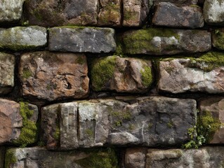 Close-up detail of a rustic and weathered stone wall with green moss growing between the ancient bricks.