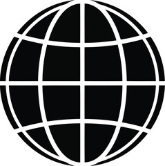 Vector illustration of black globe icon with grid lines representing the earth isolated on white background