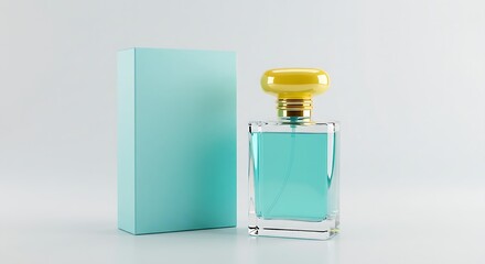 The scent of a new perfume is suggested by a bottle and its box in shades of blue and gold.