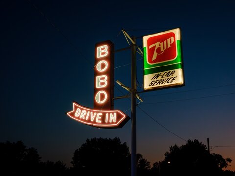 Bobos Drive In vintage neon sign at night in Topeka, Kansas