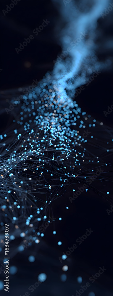 Poster celestial data stream: a luminous network of flowing blue particles.