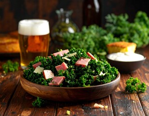 Dark wood table, bowl of kale salad with ham, beer, cornbread
