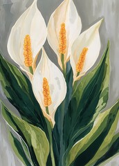 Oil painting wall art, showing a bouquet of four white peace lilies.