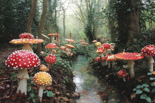 Forest path lined with many red toadstools